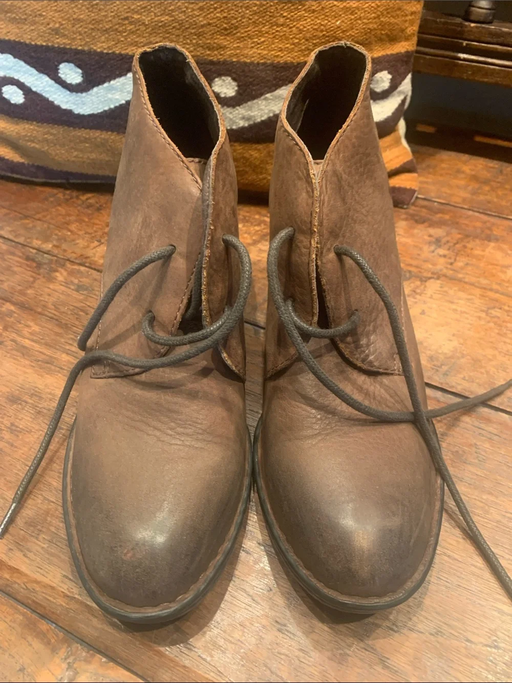 Born Brown Leather Lace-Up Ankle Booties with Block Heel, No Box